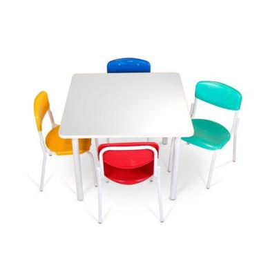 Imagem de Conjunto infantil mesa vermelha MDF alt: 570mm c/ 4 cadeiras coloridas