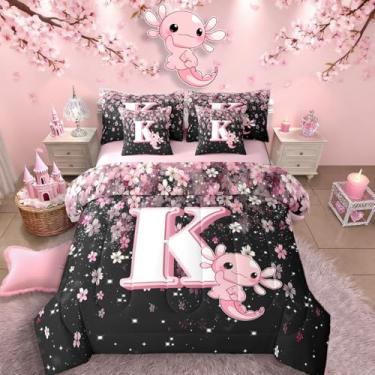 Imagem de Erosebridal Conjunto de edredom de axolote rosa para meninas adolescentes (rosa e preto, 7 peças, tamanho casal) – Lindo conjunto de cama com letra K com letra K, conjunto de cama de flor de cerejeira