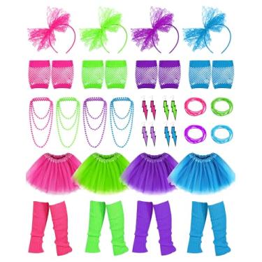 Imagem de Panitay 28 peças de acessórios de fantasia dos anos 80 para mulheres, luvas, colares, tiaras de cabeça, pulseiras, brincos, saia para Halloween, cosplay, tema dos anos 80, festa retrô neon para
