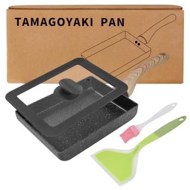 Imagem de HooJay Forma de omelete japonesa com tampa, frigideira quadrada para ovos japonesa, forma retangular de tamago com espátula e pincel de óleo, 17,8 x 12,7 cm (preto)