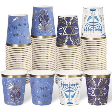 Imagem de WRAPAHOLIC 100 peças de copos de papel de Hanukkah - 255 g Dreidels, Menorahs e Star of David, suprimentos de festa de fim de ano para suco, café, bebida quente e fria