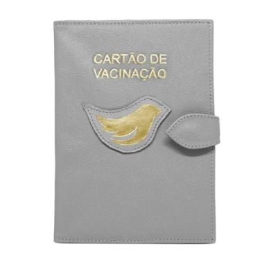 Imagem de Porta Cartão de Vacinação em Couro, Capa Protetora com Detalhe de Pássaro Dourado para Bebês (Cinza)