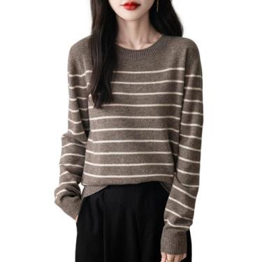 Imagem de Suéter feminino Chanyarn 100% lã merino listrado marrom