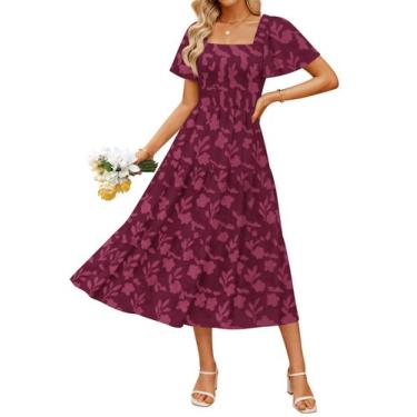 Imagem de Vestido feminino ZESICA, de verão, boho, floral, midi, vinho, tamanho 