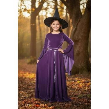 Imagem de Vestido Medieval Bruxa clássica na cor roxa halloween acompanha chapeu