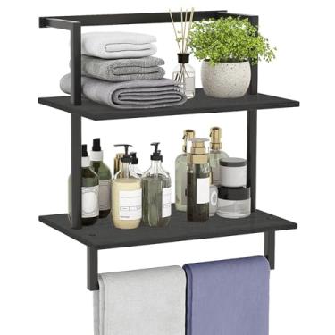 Imagem de yeavs Toalheiro de parede para banheiro, suporte de armazenamento de banheiro, prateleira de toalha de madeira de aço de 3 camadas com barra, preto