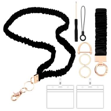Imagem de 2 peças de cordões pretos com suporte horizontal para crachá e chaveiro elástico elástico retrátil de scrunchie cordão elástico para enfermeiras de pulso e pescoço