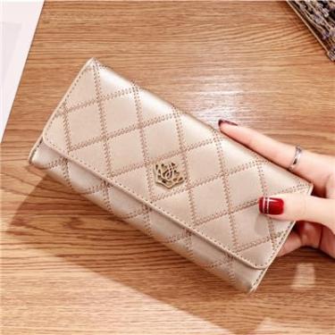 Imagem de Carteira feminina longa dobrável de couro com porta-cartões com fivela com zíper elegante bolsa clutch carteira feminina dourada, Dourado, Tendência