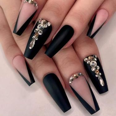 Imagem de French Press on Nails - Longo strass nude V unhas falsas francesas unhas pretas brilhantes pedras 3D pontas de unhas postiças para mulheres e meninas 24 pçs/kit