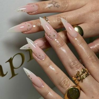 Imagem de Press on Nails Kit de unhas de estilete médio nude cola falsa conjunto de unhas com design simples de estrela cobertura completa bastão falso artificial em unha de acrílico para mulheres 24 peças