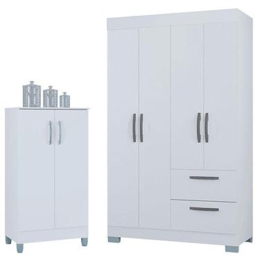 Imagem de Guarda Roupa Solteiro Tóquio 4 Portas Com Armário Multiuso 2 Portas Pequeno Branco Brilho - Poquema