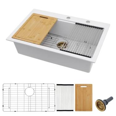 Imagem de Fulorni Pia de cozinha composta de granito de 76,2 x 55,88 cm – Bacia de pia de tigela única clássica de quartzo de granito com borda branca