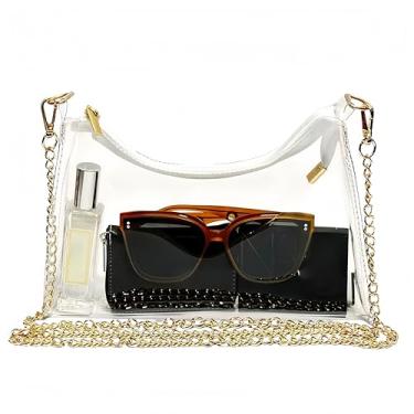 Imagem de IN Chenthy Bolsa tiracolo feminina transparente - Bolsa de estádio de PVC transparente leve à prova d'água com alça de ombro, Corrente branca, One Size