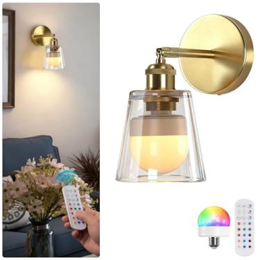 Imagem de Jaenmsa Arandela de parede vintage operada a bateria com abajur de vidro minimalista transparente recarregável a bateria com controle remoto para cabeceira, quarto, banheiro, conjunto de 2