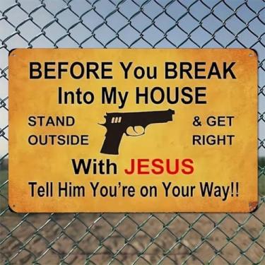 Imagem de Gun Home Security Jesus Sign Message Rustic Aluminum Wall Art & Metal Tin Sign - 20,3 x 30,48 cm vintage decoração interna ao ar livre para casa, escritório, café, quintal e jardim