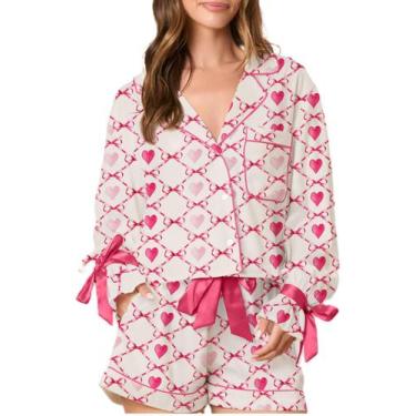 Imagem de Pijama feminino Yiulangde, seda, 2 peças, estampa de coração, Galentin