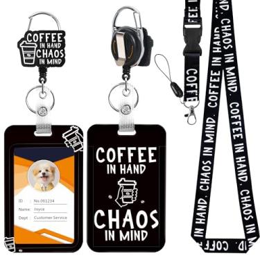 Imagem de JroyJoy Porta-crachá de identificação com cordão e carretel retrátil resistente – design engraçado e exclusivo, café na mão, serve para crachá de identificação escolar, cartão de visita, documento de