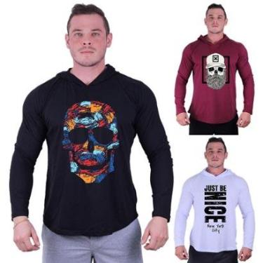 Imagem de Kit 3 Camisetas Manga Longa com Touca Longline Estampada Treino Academia Lazer Casual-Masculino
