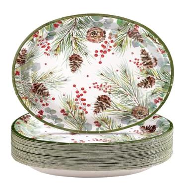 Imagem de 50 peças de pratos ovais de Natal de 25,4 x 30,5 cm, grandes, resistentes, aquarela, pinheiros, pratos descartáveis de inverno, eucalipto, azevinho, baga, sobremesa, para decoração de artigos de festa