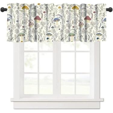 Imagem de KANEPE Cortina retrô de cogumelo para cozinha, colorida, estampa de fungo botânico selvagem, tratamento de janela, cortinas curtas, bolso de varão, drapeado para sala de jantar, decoração de quarto
