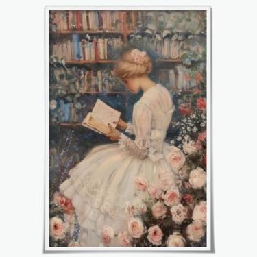 Imagem de Victorian Woman Reading Bookish Wall Art Pastel Flowers Canvas Print Light Academia Decor Moody Reading Nook Painting Eclético Vintage Picture Library Poster Book Lover Gift 30 x 45 cm sem moldura