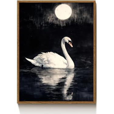 Imagem de Cisne branco vintage em tela de fundo preto moldura de arte de parede Grace Swan in the moonlight pintura decoração de parede animal clássico pôster rural arte impressa para sala de estar, quarto
