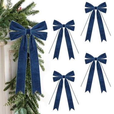 Imagem de 4 laços de fita de veludo, arco grande de árvore de Natal de 19 x 31 cm com cauda longa para embrulhar presente, guirlanda, lareira, escada, porta, janela, decoração de casa de casamento (4, azul