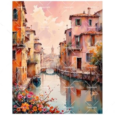 Imagem de Kit de pintura por números Canal City para adultos - Via navegável romântica DIY com flores e pintura de ponte sobre tela 40,6 x 50,8 cm, conjunto de tinta acrílica para iniciantes, arte de parede
