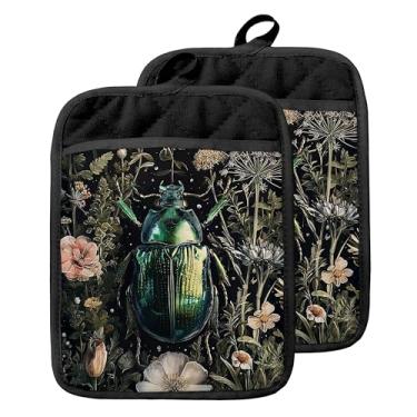 Imagem de GOOZHO Porta-panelas florais góticas com besouro verde escuro com bolsos, Moody Vintage Dark Academia Flower Botanical Oven Mitts Hot Pads para cozinha assar, cozinhar