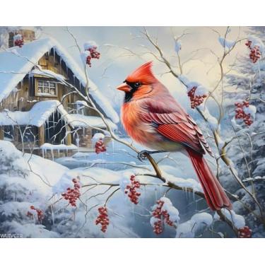 Imagem de WUIVCTR Kits de pintura para iniciantes, cena de neve de pássaro vermelho, pintura acrílica por números, kit de presente de pintura a óleo para homens e mulheres, 40 x 50 cm