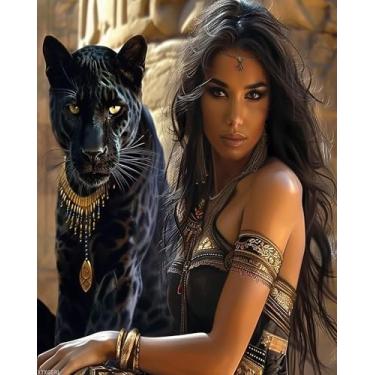Imagem de XTXGERL Kit de pintura por número para adultos, tinta acrílica DIY por números para adultos iniciantes e pantera Cleópatra pintura a óleo por número em tela para decoração de parede de casa 41 x 50 cm
