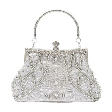 Imagem de YUGAORULI Bolsa de mão vintage floral com lantejoulas de strass bordada, bolsa de mão para noite, festa de casamento e formatura, Prata, 9"L x 6.1"H x 2.8"W