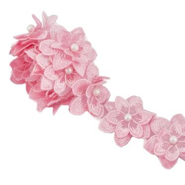Imagem de letsinstyle Acabamento de renda de pérola de flor 3D de 2 metros, fita de renda floral rosa com pérolas, acabamento de contas bordadas de poliéster para enfeite de vestido de casamento, decoração de