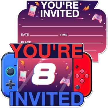 Imagem de MQCLYSG Convites de aniversário de 8 anos em forma de videogame com envelopes - Conjunto de 20 8 anos de festa de aniversário para meninos e crianças dupla face