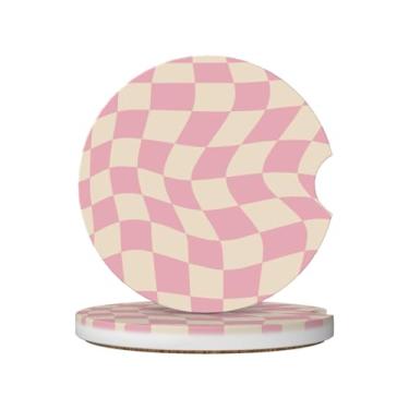 Imagem de Porta-copos de carro xadrez rosa estéticos para porta-copos, 2 porta-copos de carro para carro, porta-copos de carro absorvente de cerâmica com entalhe de dedo e base de cortiça, acessórios de