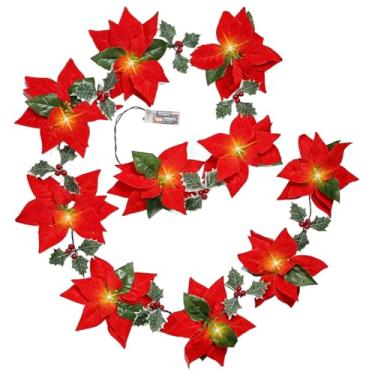 Imagem de Guirlanda de Natal de LED com flores de poinsétia vermelha e folhas de azevinho, luzes de férias operadas por bateria, decoração de festa interna para cornija de porta de casa