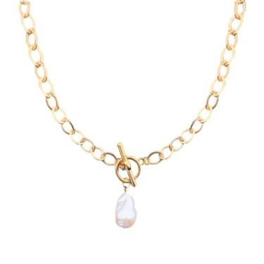 Imagem de Colar de pérolas de ouro grosso para mulheres, colar com pingente de pérola barroca, vintage, colar de corrente grossa, fecho de botão, joias presentes, one size, Cobre, Sem Pedra Preciosa