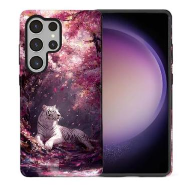 Imagem de CARLOCA Compatível com Samsung Galaxy S25 Ultra Full Body Protective Glossy Case para meninas meninos à prova de choque estética padrão branco tigre deitado flor de cerejeira floresta