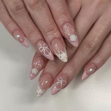 Imagem de Unhas postiças de amêndoa média fofa rosa francesa com laço simples flor pérola Desien cobertura completa cola acrílica falsa em unha para mulheres, 24 peças