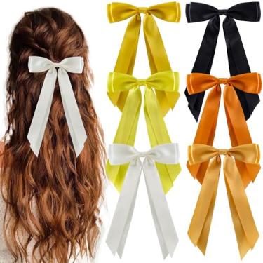 Imagem de hisial 6 peças de grampos de cabelo para cabelo com fita de cetim sedosa, presilhas de jacaré, suportes de rabo de cavalo francês, acessórios fofos para mulheres e meninas (preto/bege/laranja/amarelo)