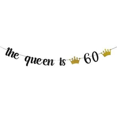 Imagem de zxyxka The Queen is 60 Banner,Cheers to 60 Years Banner,Ladies' 60th Birthday/Mother's 60th Birthday Party Black Glitter Paper Hanging Sign Decors