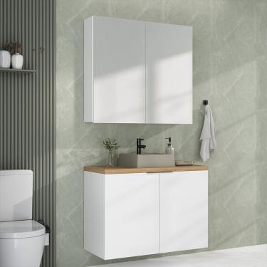 Imagem de Conjunto de Gabinete e Armário de Banheiro com Espelho Nature 4 Portas Branco 90 cm