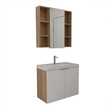 Imagem de Conjunto de Gabinete e Armário de Banheiro com Espelho Vittare II 3 Portas Carvalho e Nude