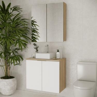 Imagem de Conjunto de Gabinete e Armário de Banheiro com Espelho Nature 4 Portas Carvalho e Branco 75 cm