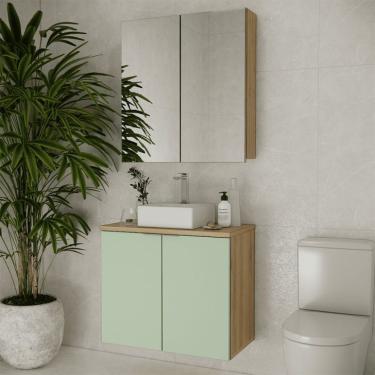 Imagem de Conjunto de Gabinete e Armário de Banheiro com Espelho Nature 4 Portas Carvalho e Verde 75 cm