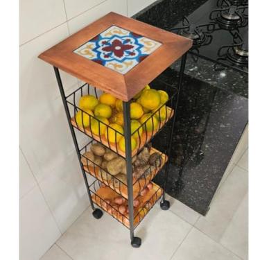 Imagem de Fruteira de Chão Com Rodinhas 3 Andares + 1 Prateleira Rústica Artesanal Ferro Ultra Resistente Pintura Eletrostática Madeira Maciça e Ladrilho Hidráulico Artesanal Anti Ferrugem (S02)