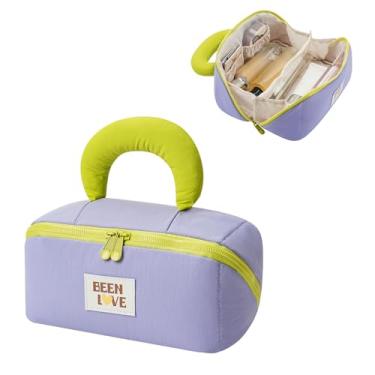 Imagem de RSRSLEII Bolsa de maquiagem de viagem, bolsas de cosméticos de grande capacidade para mulheres, bolsa de maquiagem portátil à prova d'água com organizador de pincéis, bolsa de higiene plana aberta com