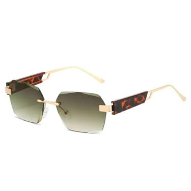 Imagem de Óculos de sol retrô sem aro para homens, óculos de sol quadrados com pernas de metal e lentes de corte, protetor solar (C5 verde dourado)