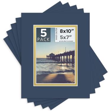 Imagem de Tapete central para placa, pacote com 5, 28 x 35 cm para fotos de 20 x 25 cm, tapetes duplos - sem ácido, espessura de 8 camadas, núcleo branco - para fotos, molduras (azul sobre ouro)