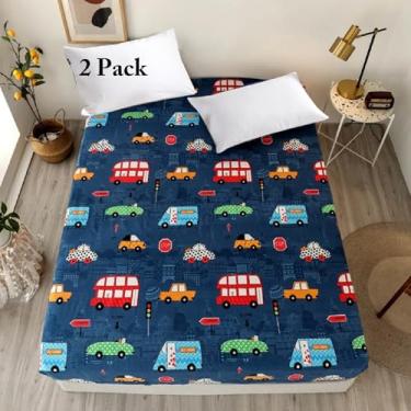 Imagem de NATURETY Pacote com 2 lençóis de cama com bolso alto, tecido estampado de carros (azul marinho (carros), pacote com 2 lençóis de cama solteiro